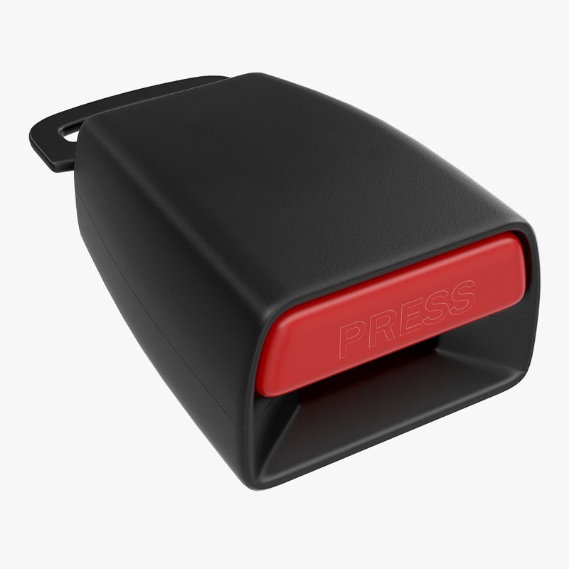 Product render of a black seatbelt buckle receiver with a red press-release button