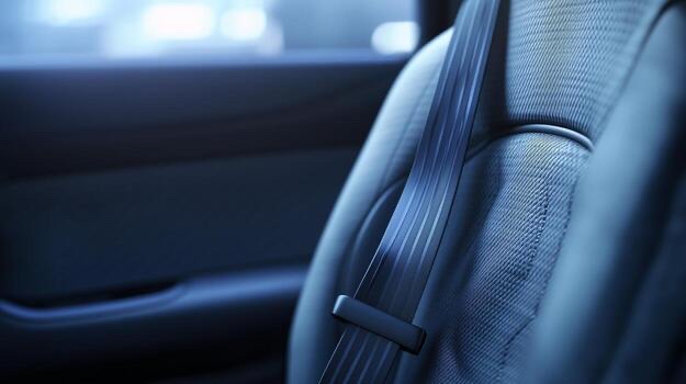 A seatbelt lying against a pale vehicle seat in cool blue light
